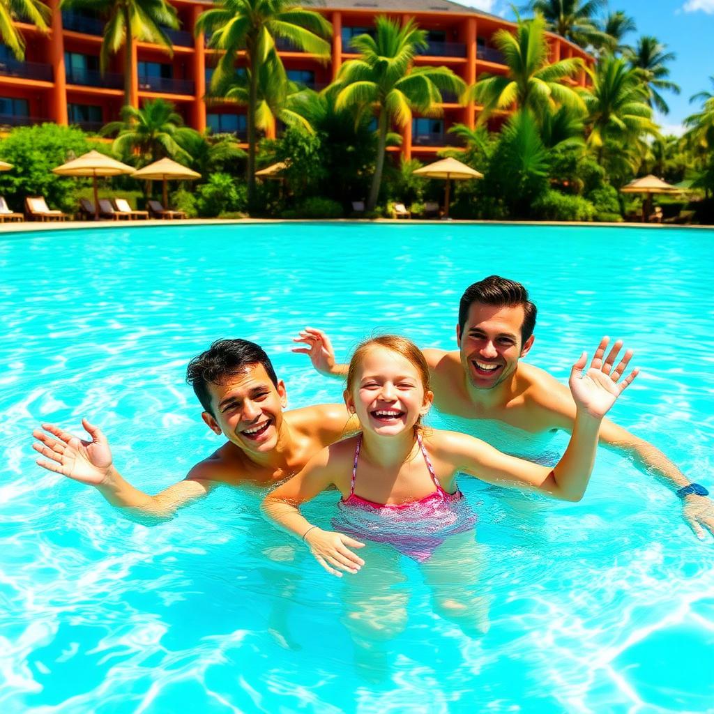 Família feliz na piscina turquesa do resort